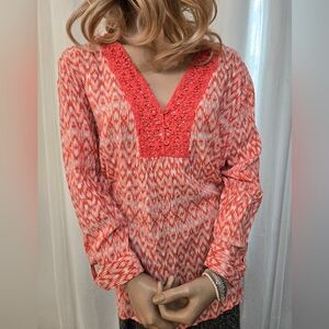 Grand & Greene Coral and White Patterned Blouse. Excellent Condition.